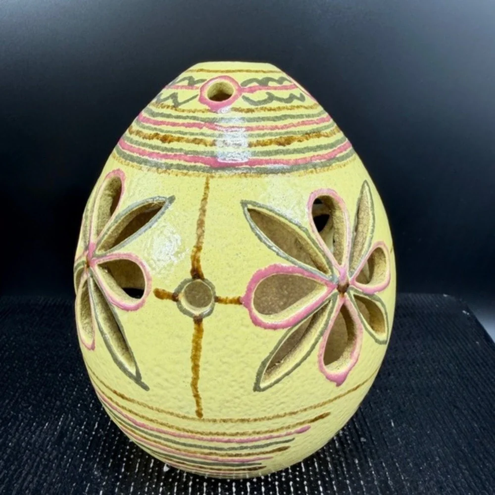 Hand Painted‎ Ceramic Candle Holder Floral Cutout Pottery Luminary Yellow Decor
